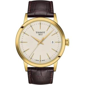Tissot Mens Classic Dream 316L Stainless Steel case with Yellow Gold PVD Coating Quartz Watch, Brown, Leather, 22 (T1294103626100)