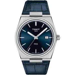 Tissot Mens PRX 316L Stainless Steel case Quartz Watch, Blue, Leather, 12 (T1374101604100)