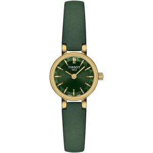 Tissot Womens Lovely Round 316L Stainless Steel case with Yellow Gold PVD Coating Quartz Watch, Green, Leather, 6 (T1400093609100)